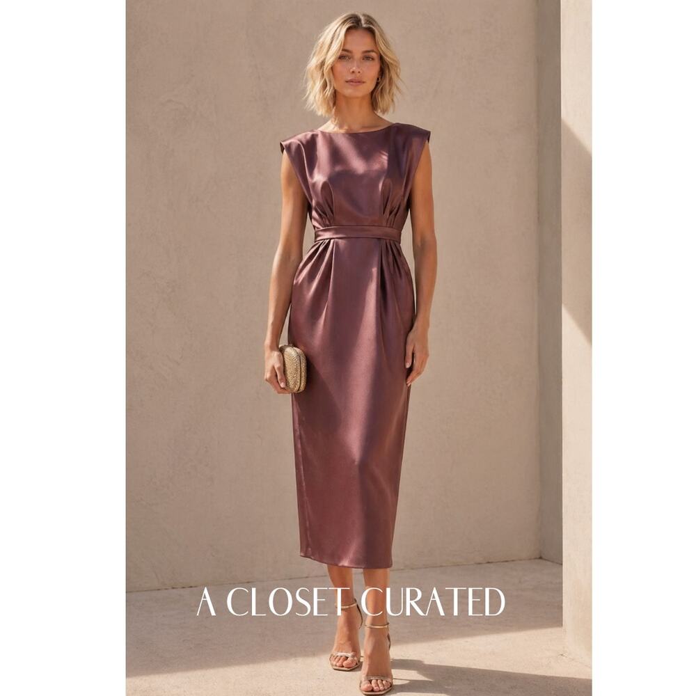 Amsale Satin Pintuck Scoopneck Midi Dress 0 Purple NEW